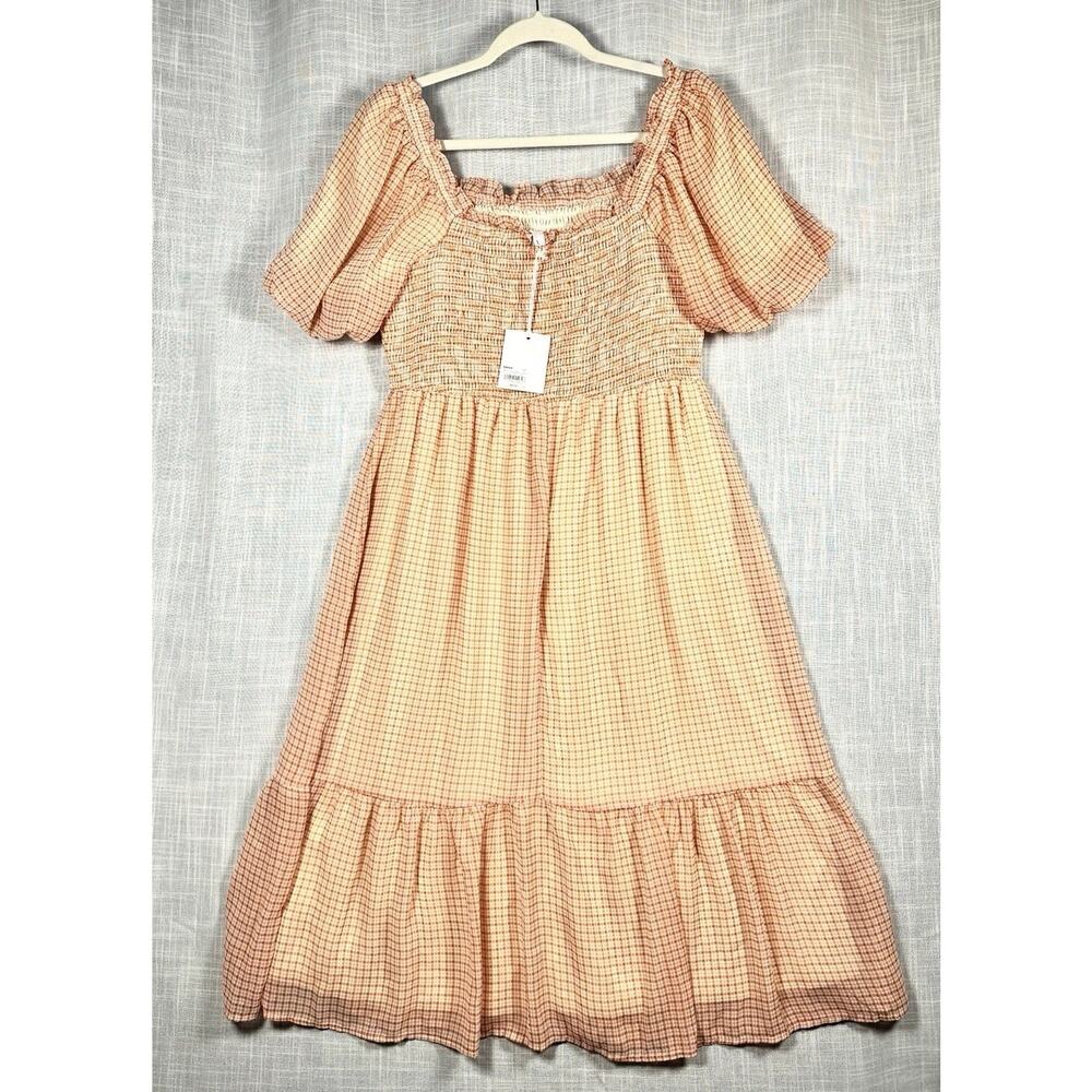 Lauren Conrad Cooper Plaid Puff Sleeve Square Neck Smocked Peasant Dress Sz L